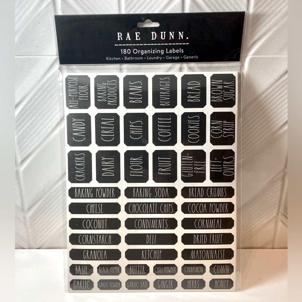 Rae Dunn Organizing Labels Black with White Writing, 180 Count, New in Wrap